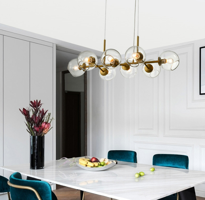 Timeless Elegance: Mid-Century Glass Globe Linear Chandelier - Choose Brass or Black Finish, Adjustable Height, Easy Assembly