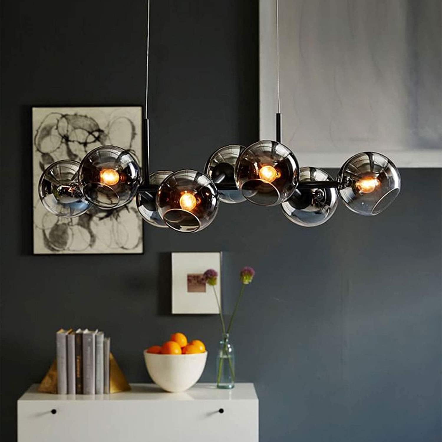 Timeless Elegance: Mid-Century Glass Globe Linear Chandelier - Choose Brass or Black Finish, Adjustable Height, Easy Assembly