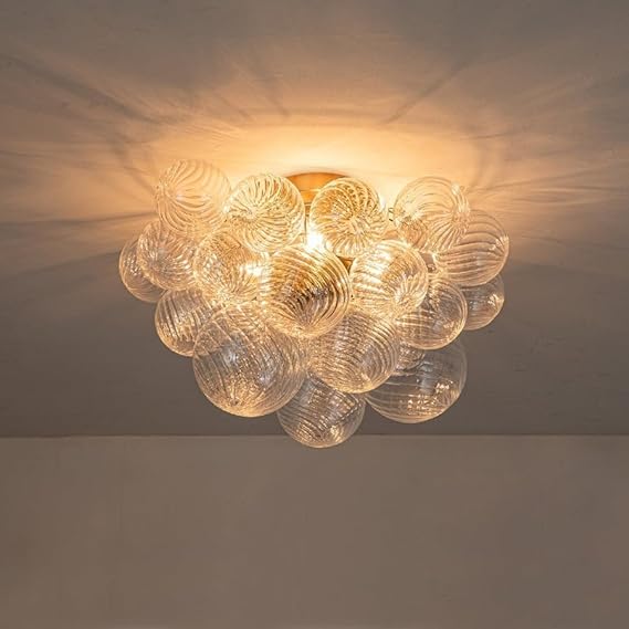 Semi-Flush Mount Bubble Ball Chandelier - Clear Swirled Ribbed Blown Glass Globe Chandeliers Ceiling Light Fixture Pendant Lights for Dining Living Room Entryway Foyer