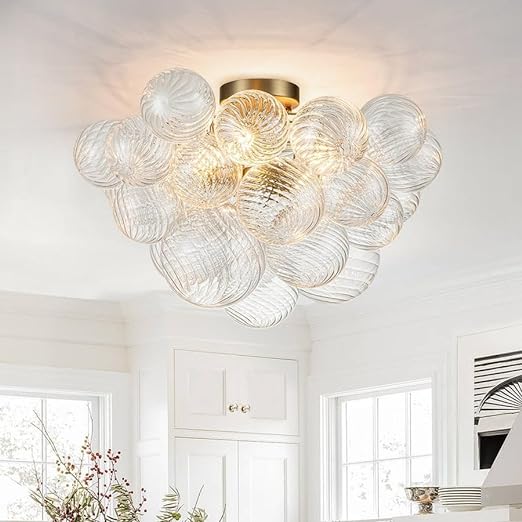 Semi-Flush Mount Bubble Ball Chandelier - Clear Swirled Ribbed Blown Glass Globe Chandeliers Ceiling Light Fixture Pendant Lights for Dining Living Room Entryway Foyer