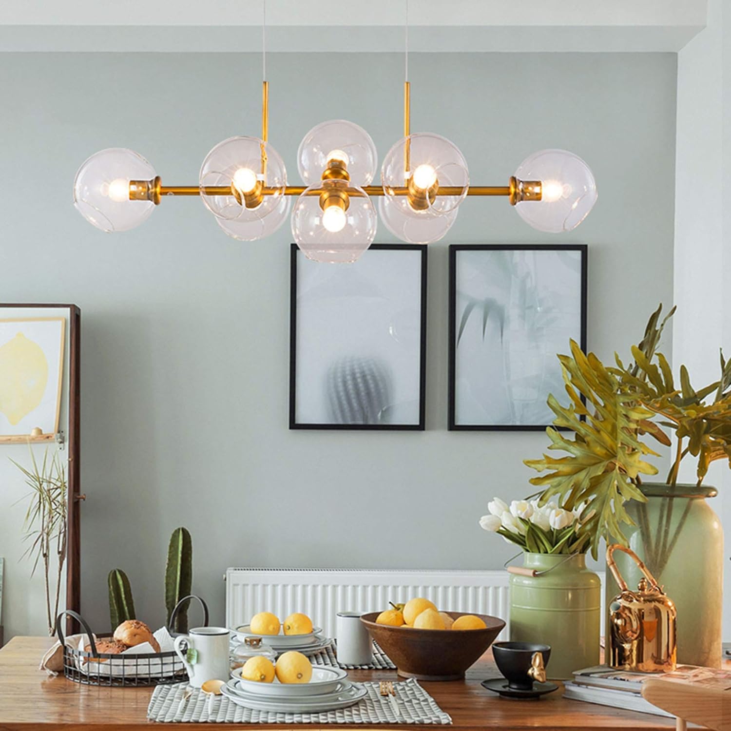 Timeless Elegance: Mid-Century Glass Globe Linear Chandelier - Choose Brass or Black Finish, Adjustable Height, Easy Assembly