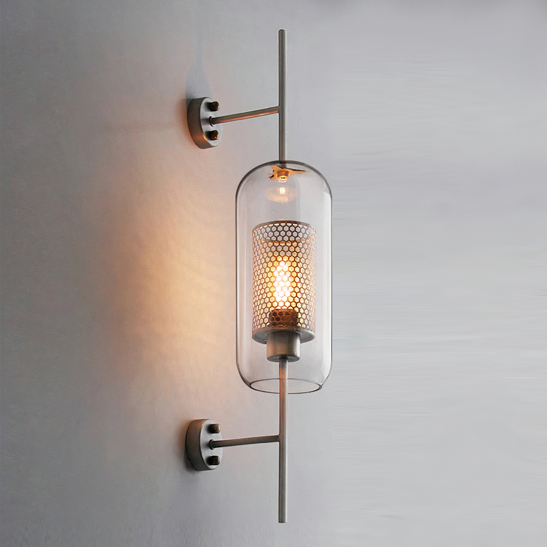 Modern Glass Wall Lamp with Cylindrical Metal Cage Design