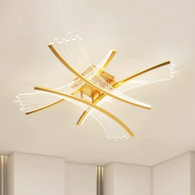 Ethereal Illumination: Brass Acrylic LED Ceiling Light with Interlaced Filament Design