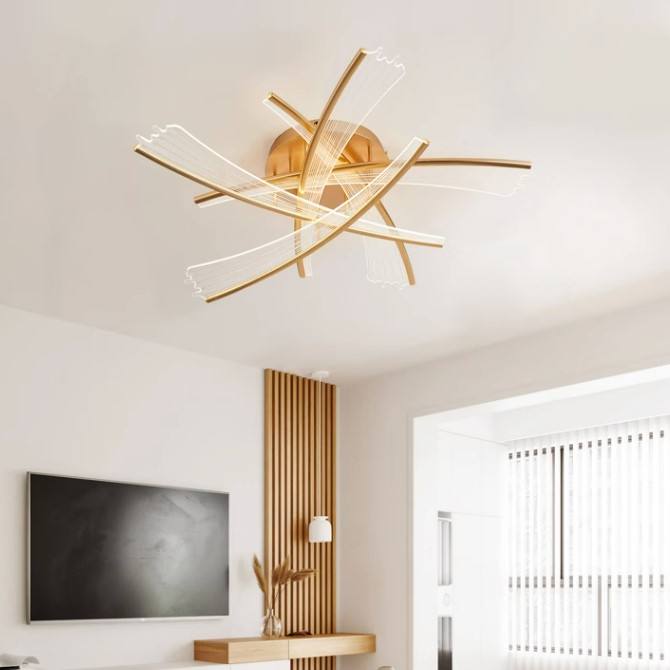 Ethereal Illumination: Brass Acrylic LED Ceiling Light with Interlaced Filament Design