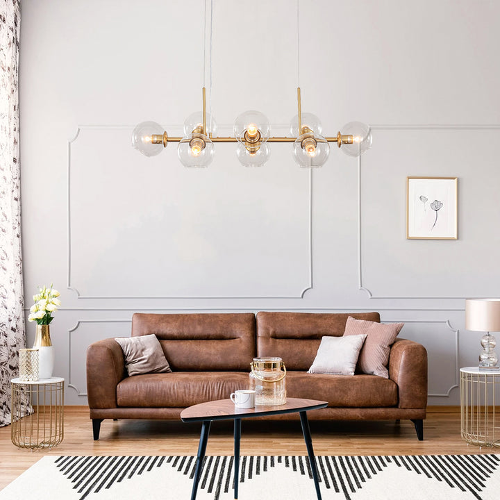 Timeless Elegance: Mid-Century Glass Globe Linear Chandelier - Choose Brass or Black Finish, Adjustable Height, Easy Assembly