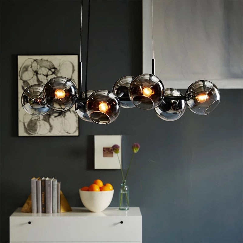 Mid Century Modern Black/Brass Glass Globe Linear Chandelier Pendant Light