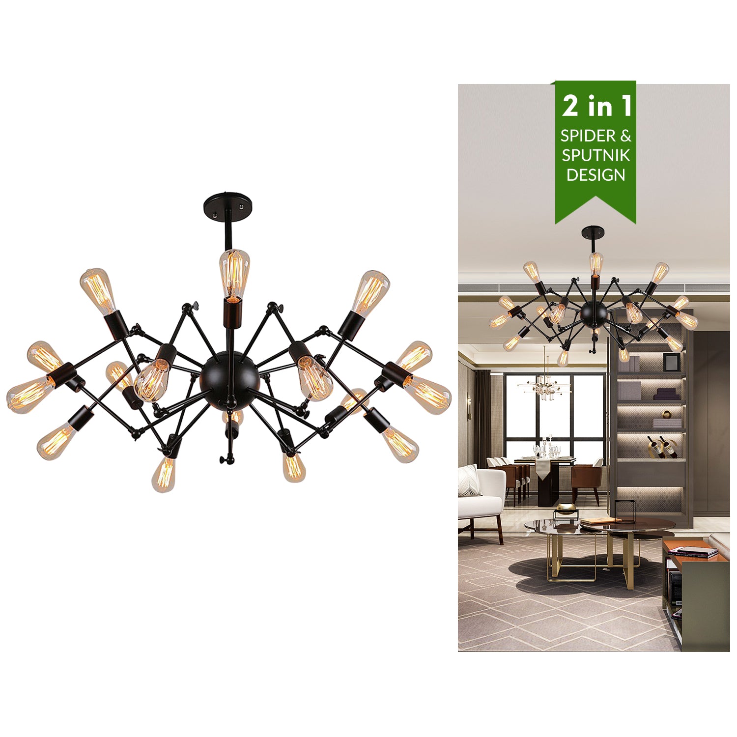 Our Owen Pendant Light is fabulously Elegant and Features 12 Perfectly Balanced Black Steel arms.This Black Ceiling Light is Great for Living Room, Kitchen Bedroom,Dinning Room & Hallway