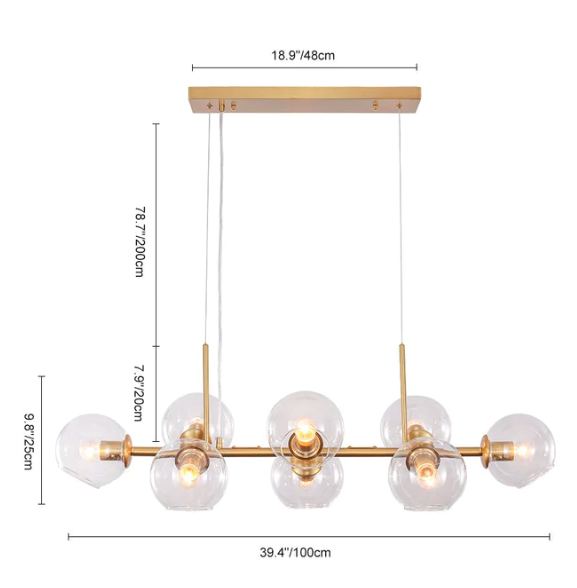 Mid Century Modern Black/Brass Glass Globe Linear Chandelier Pendant Light