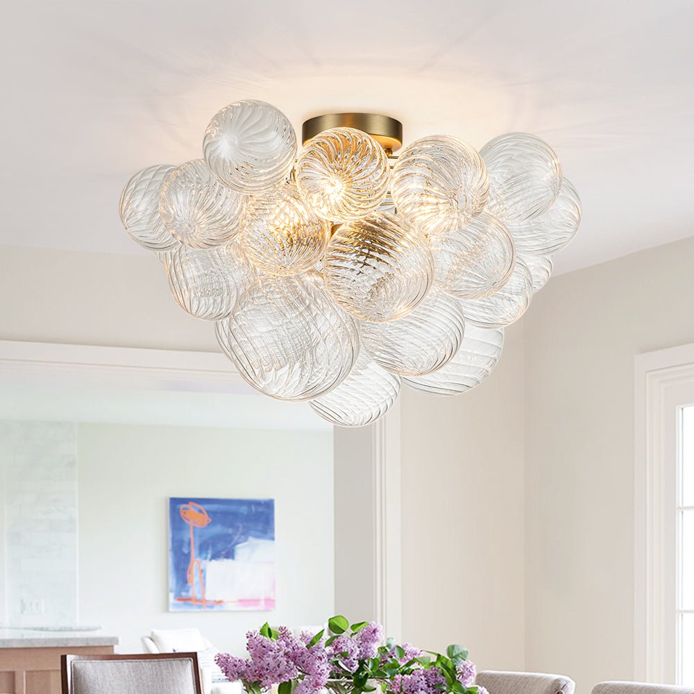 Semi-Flush Mount Bubble Ball Chandelier - Clear Swirled Ribbed Blown Glass Globe Chandeliers Ceiling Light Fixture Pendant Lights for Dining Living Room Entryway Foyer