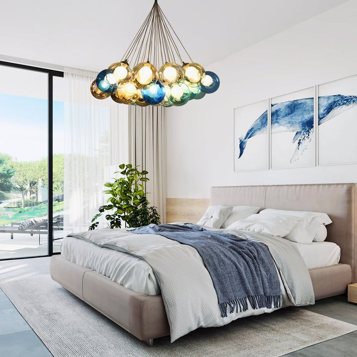 Whimsical Multicolor Bubble Chandelier: Versatile, Sloped Ceiling Compatible, Easy Installation, LED, Customizable Sizes