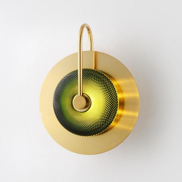 Radiant Elegance: Polished  Brass Circular Wall Lamp with Textured Glass for Bedrooms, Living Rooms, Hallways, and More