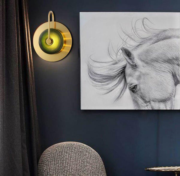 Radiant Elegance: Polished Brass Circular Wall Lamp with Textured Glass for Bedrooms, Living Rooms, Hallways, and More