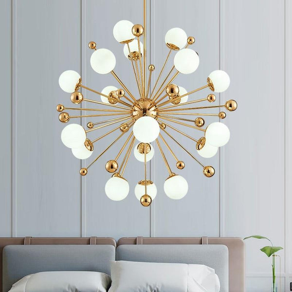Gilded Dandelion Dreams: Mesmerizing Gold Chandelier with Frosted Glass for an Enchanting Soft Glow