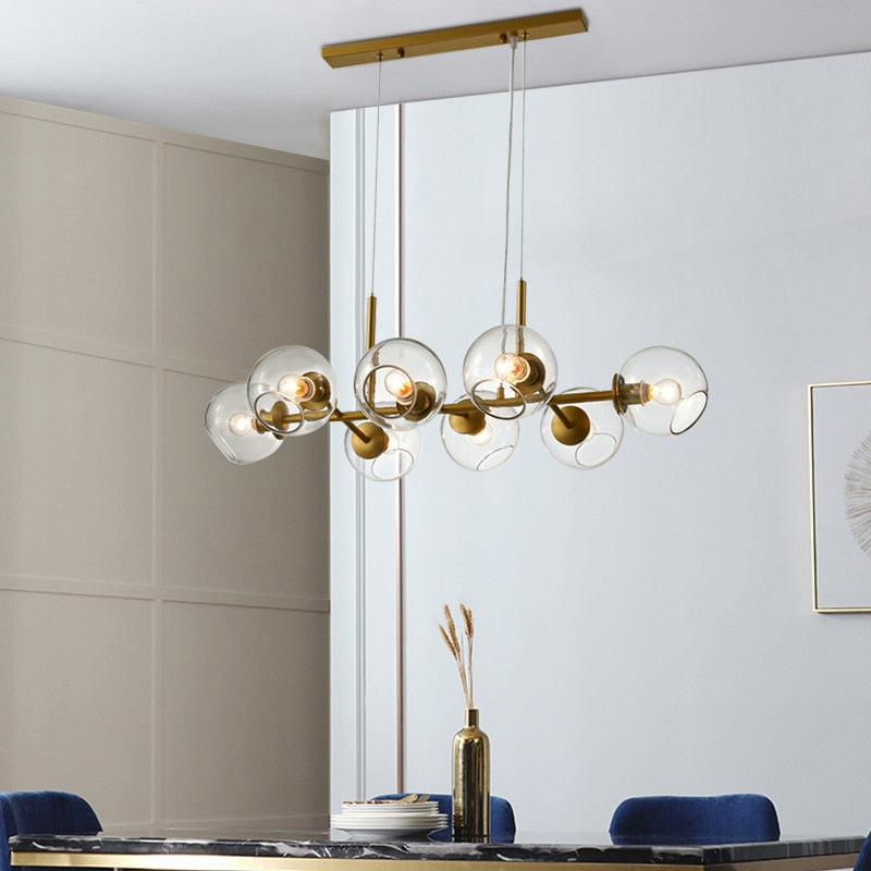 Mid Century Modern Black/Brass Glass Globe Linear Chandelier Pendant Light