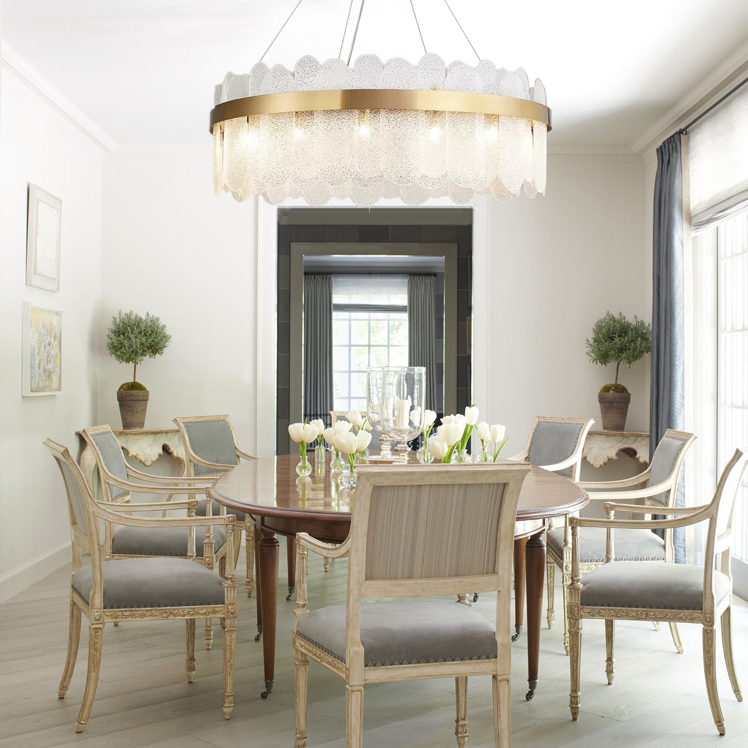 Large Nordic Gold-Plated Brass and Crystal Oval Chandelier - 8-Light Pendant Light