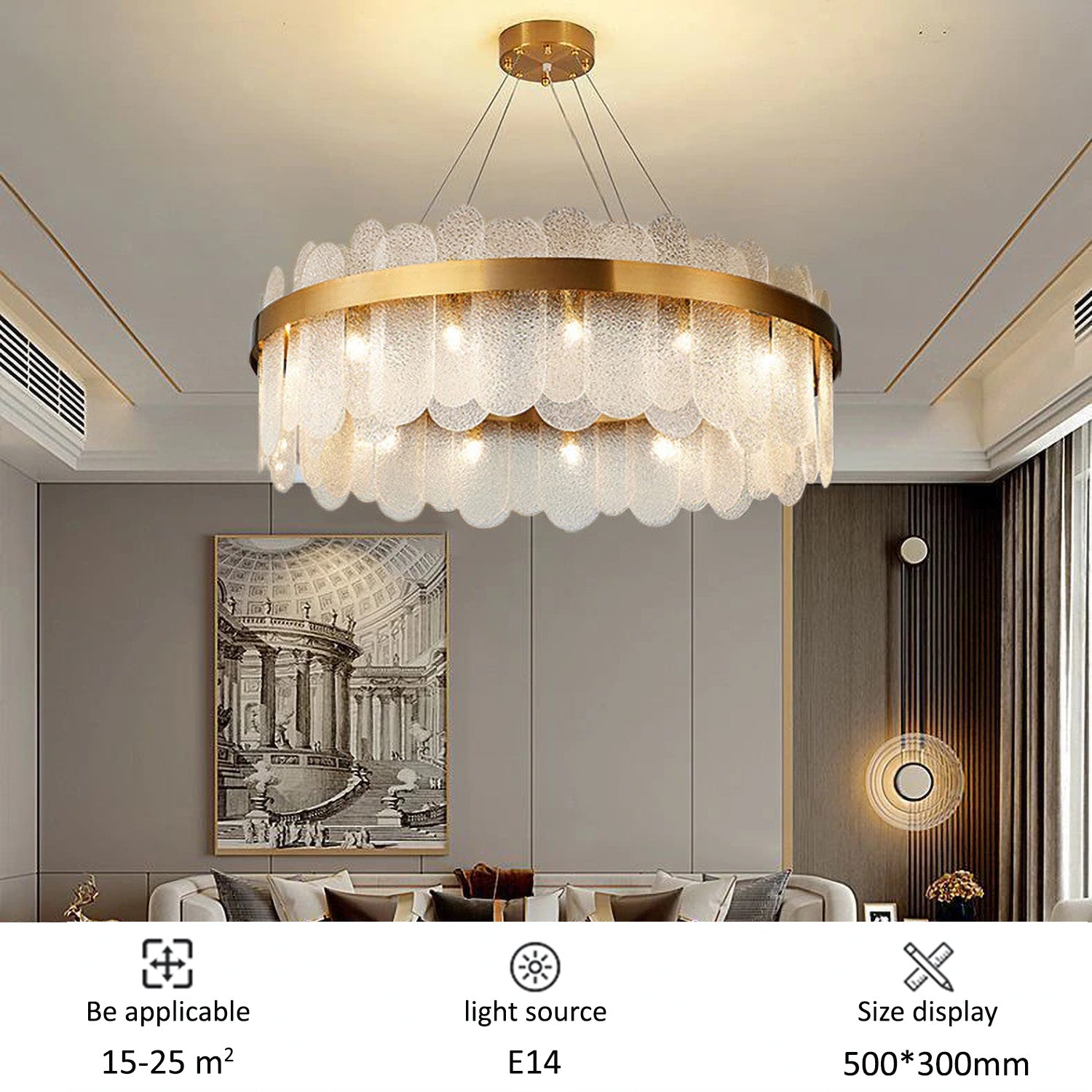 Large Nordic Gold-Plated Brass and Crystal Oval Chandelier - 8-Light Pendant Light