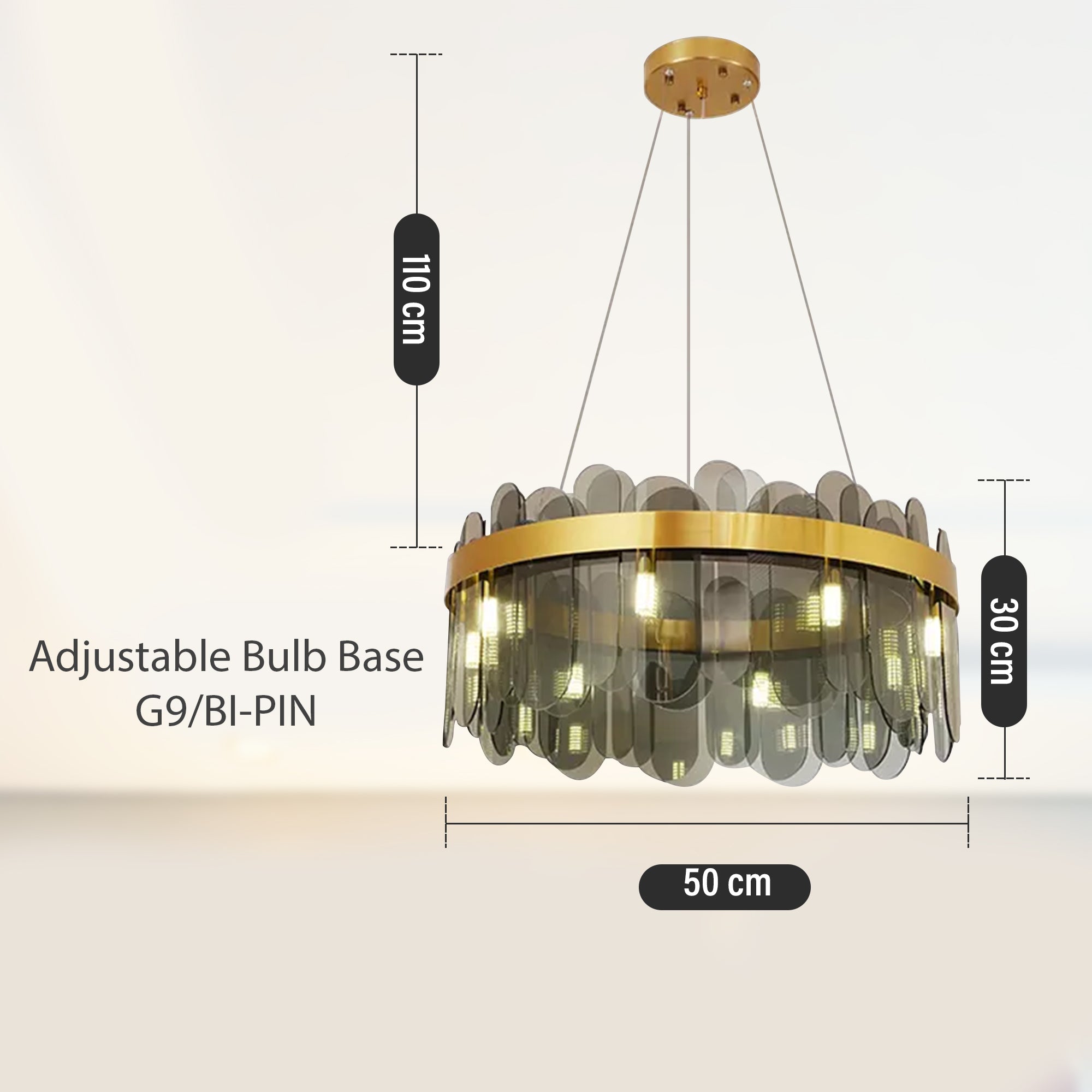 Nordic Gold-Plated Brass and Smoky Gray Crystal Glass Oval Chandelier - 8-Light Chandeliers Ceiling Light for Dining Room, Living Room, Bedroom, Hallway, Gold and Smokey Gray (50 * 30cm)